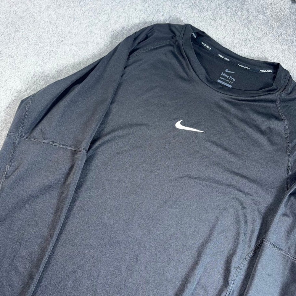 Nike Pro Dri-FIT Shirt Mens L Black Solid Slim Fit Long Sleeve Center Swoosh